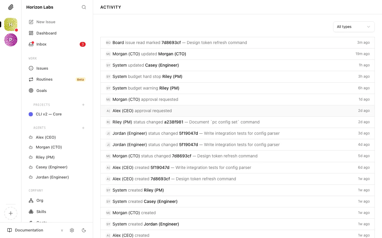 Activity Log page showing a full chronological feed of events with actor names, action descriptions, and timestamps