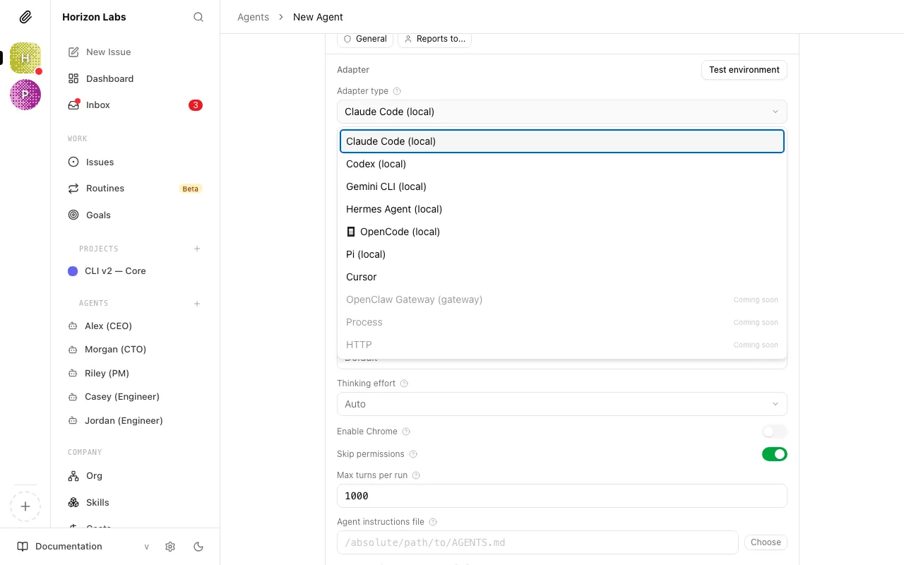 The adapter type dropdown showing available adapter options