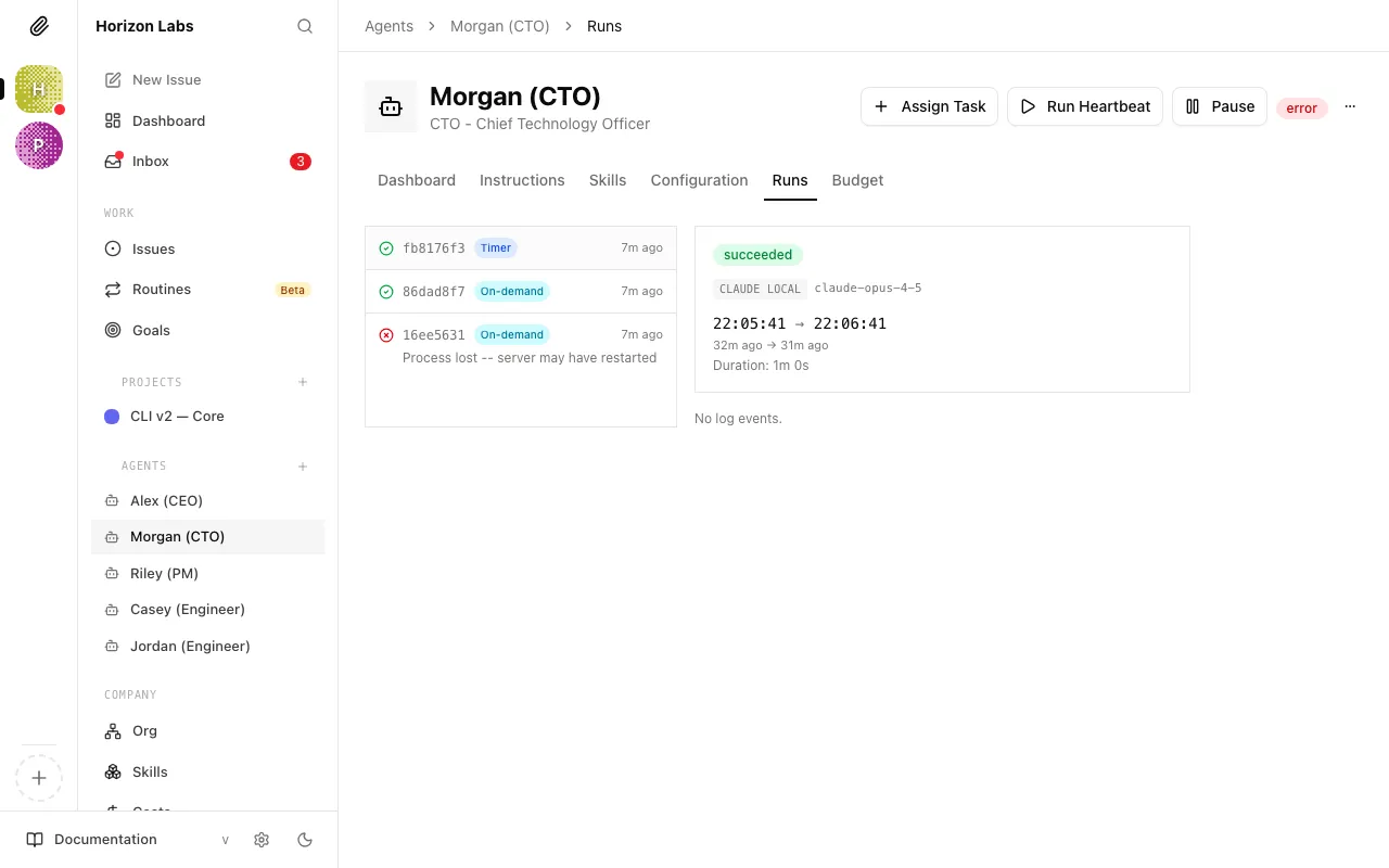 The agent detail page showing run history with heartbeat transcripts