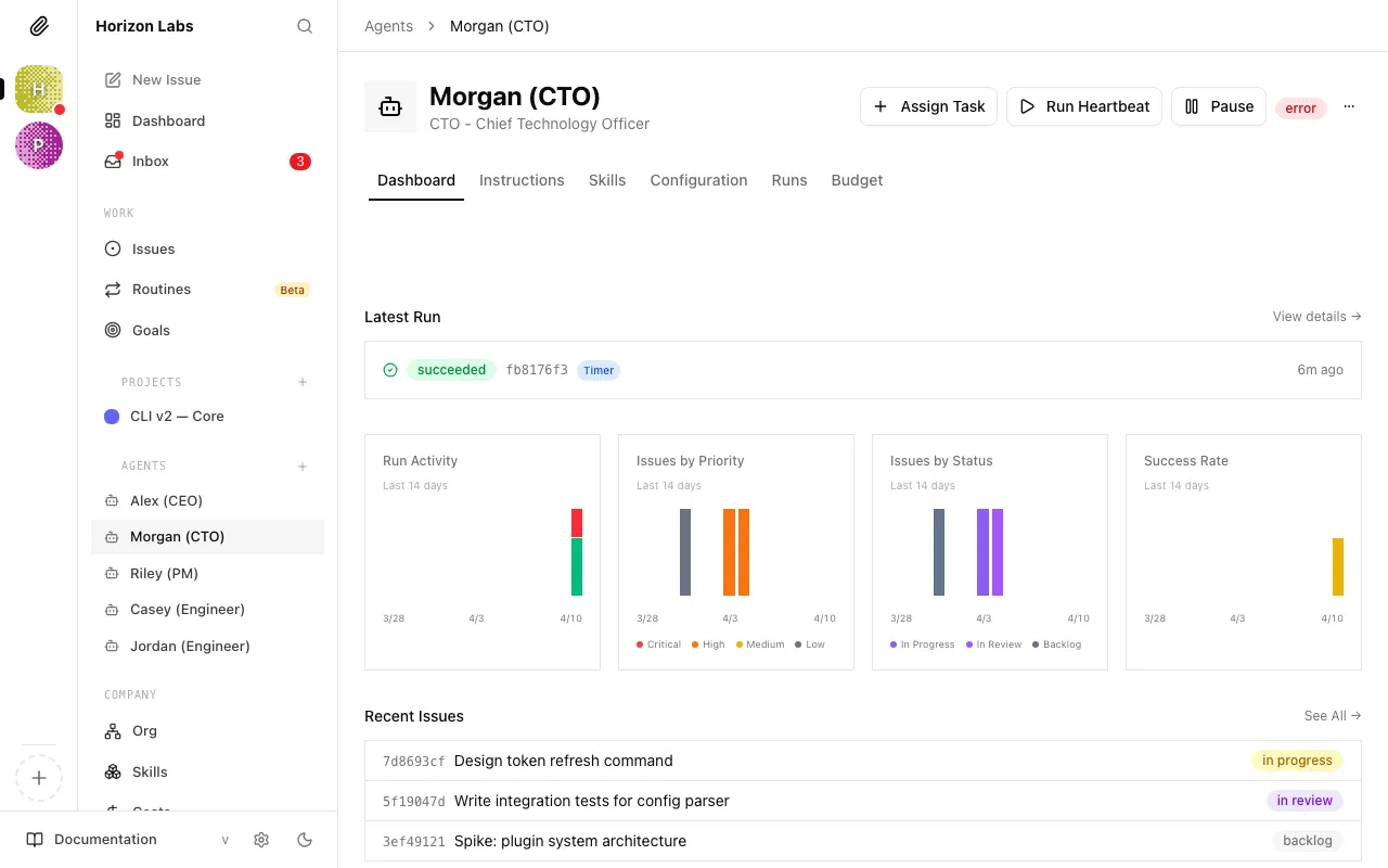 The agent detail page showing the CEO in "running" status with a live progress indicator