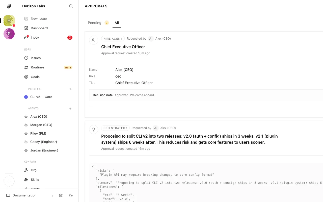 The approvals list showing pending strategy and hire_agent approvals