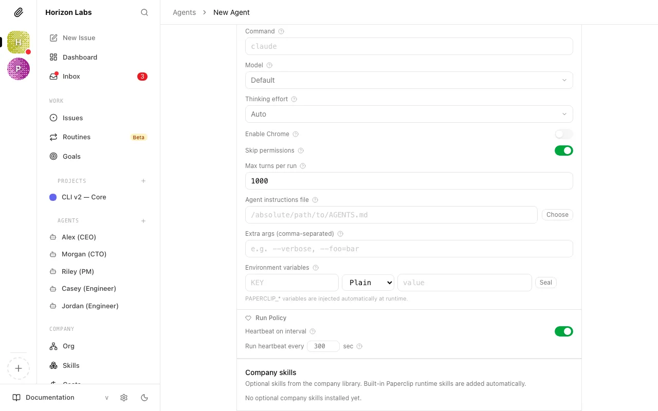The budget and heartbeat configuration fields for the new agent