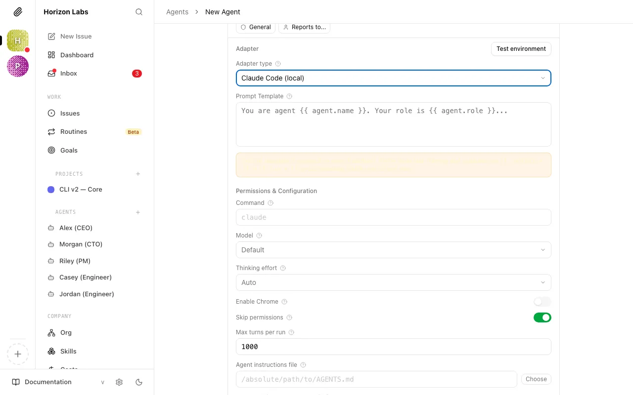 The Claude Local adapter configuration form with all fields filled in