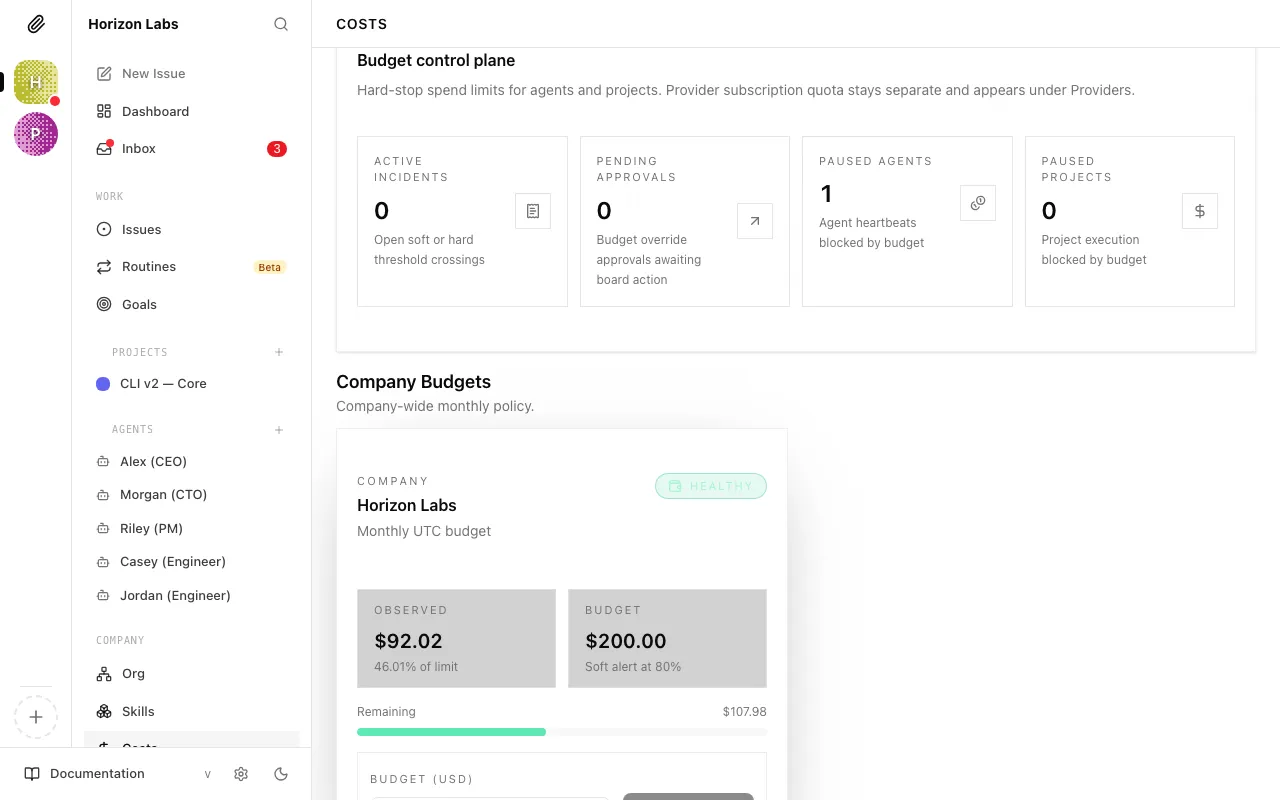 Cost Summary dashboard panel showing per-agent budget bars, two green and one amber