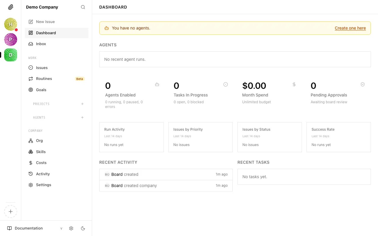 The empty company dashboard after creation, with no agents or tasks yet