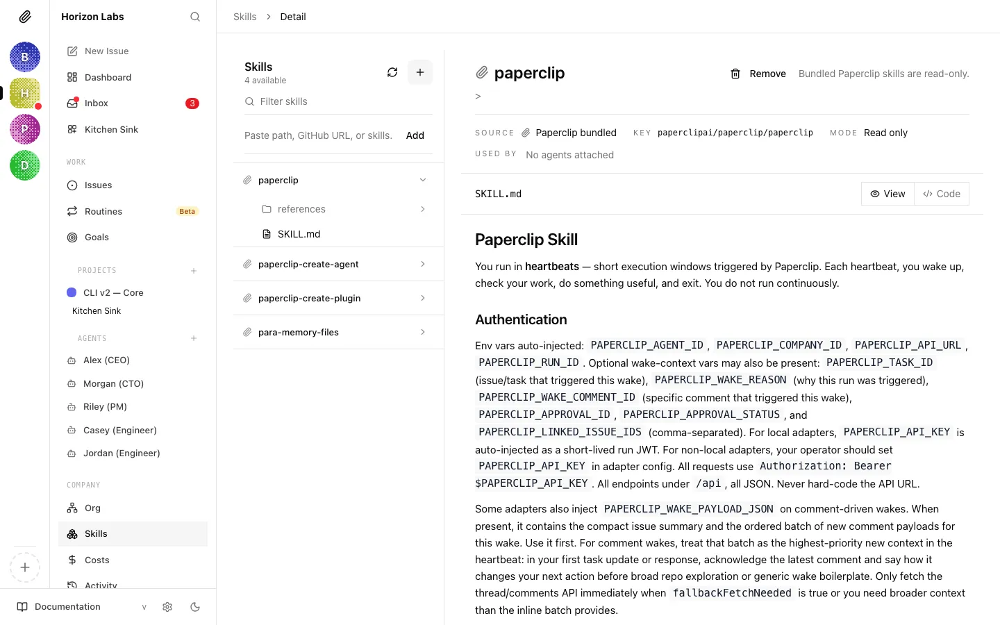 Skill detail pane showing the file tree with SKILL.md plus a references folder, and metadata badges for source, pin, key, and editable state