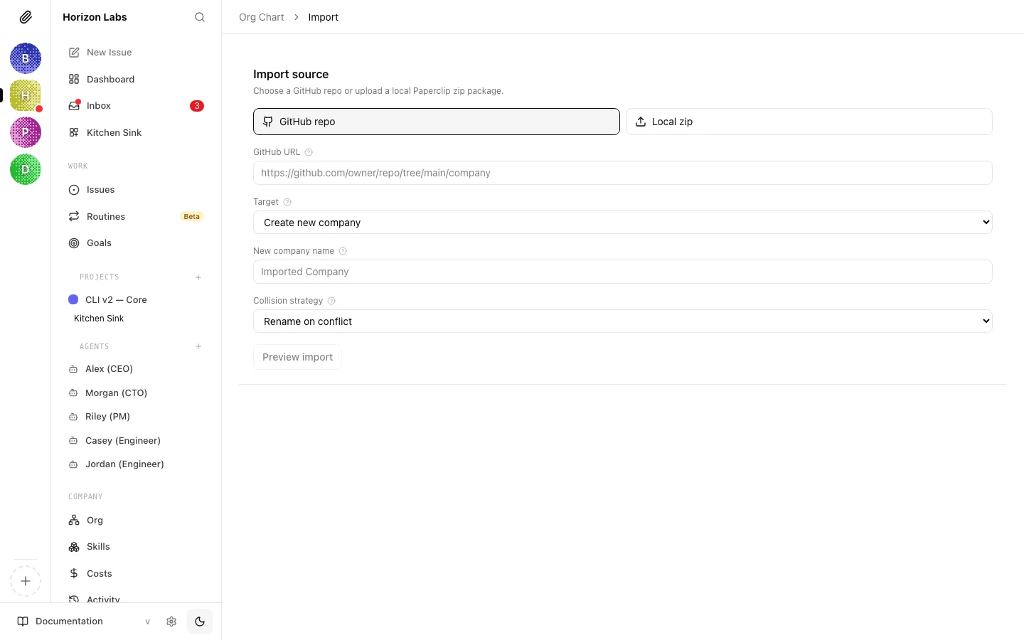Import dialog