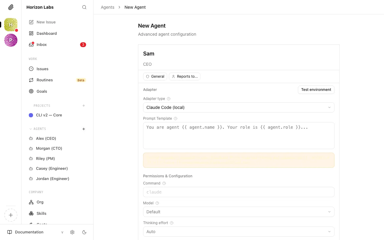 New agent form with name and role fields