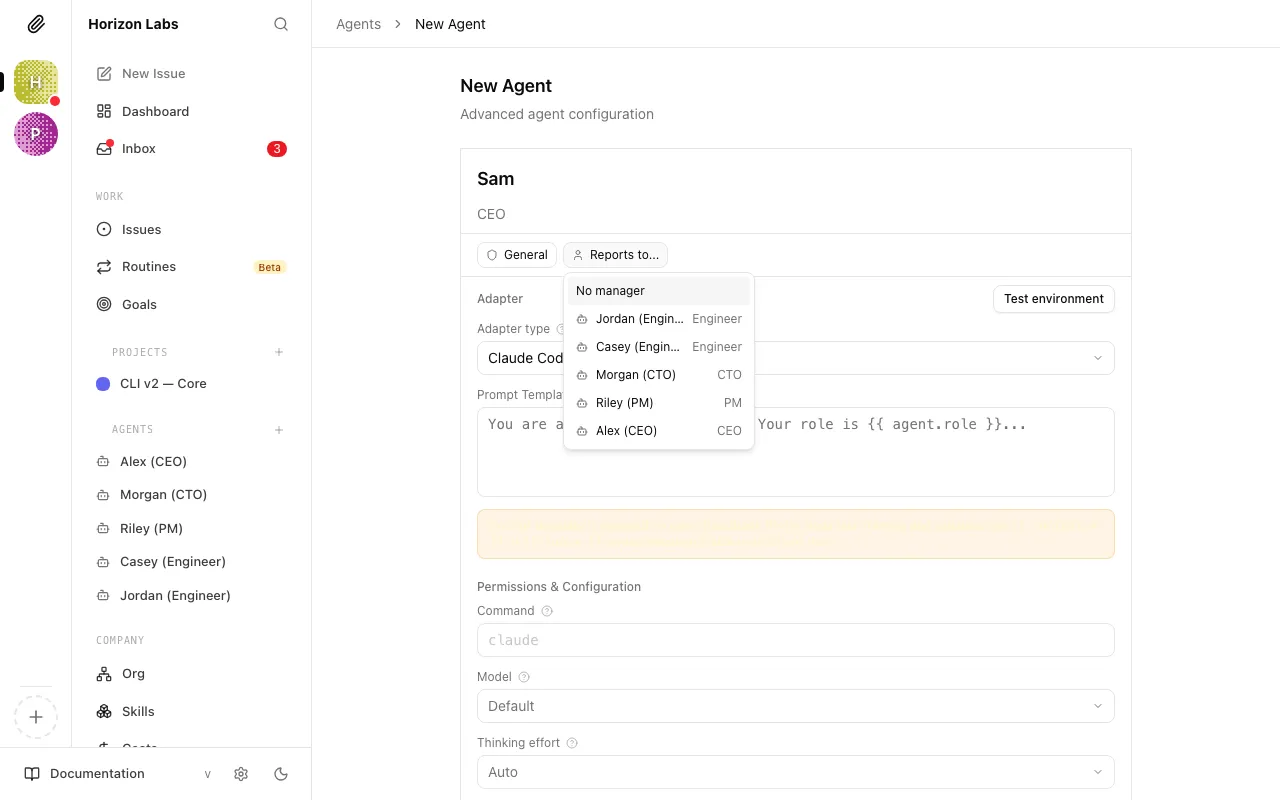 New agent form showing the Reports to dropdown with CEO selected