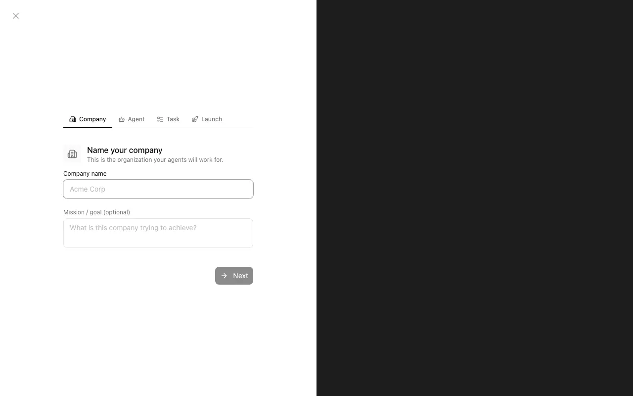 The New Company modal, empty and ready to fill in