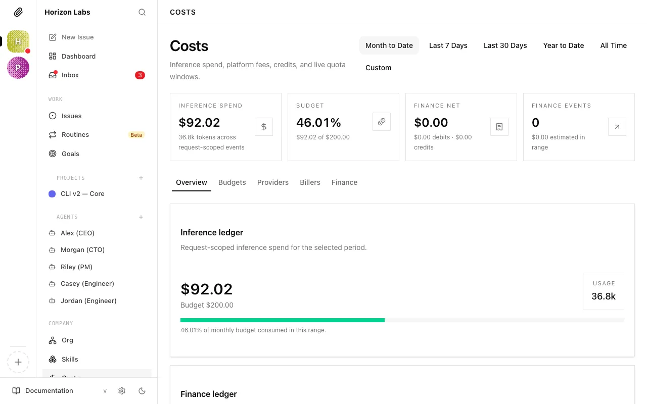 Per-run cost detail showing model, input tokens, output tokens, and dollar cost for each heartbeat