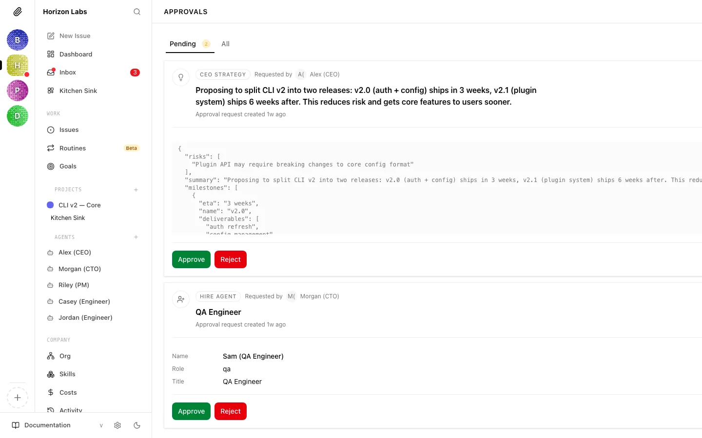 Approvals tab bar with Pending and All tabs and a pending count pill