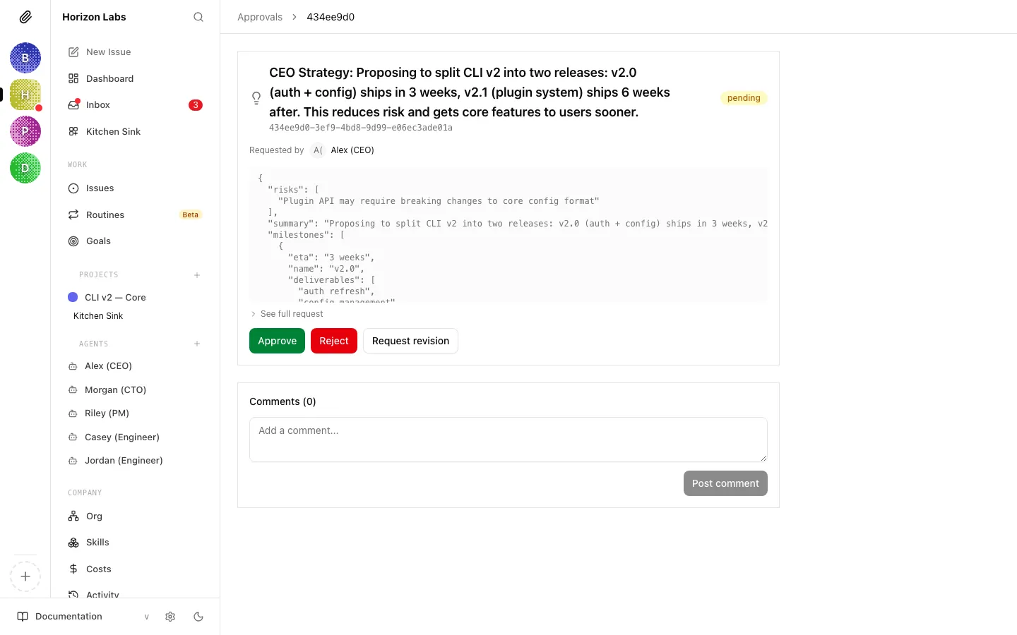 The strategy approval detail page showing the CEO's proposed plan