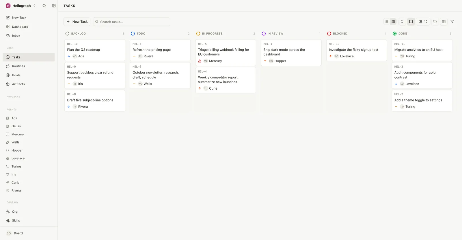 Paperclip kanban board: tickets across Backlog, Todo, In Progress, In Review, Blocked, and Done, including the October newsletter