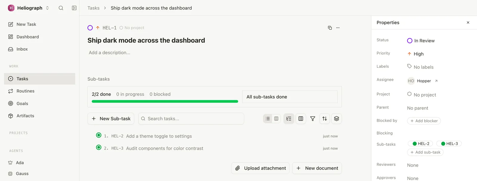 Paperclip issue detail: Ship dark mode across the dashboard, in review, assigned to an engineer, with two sub-tasks done