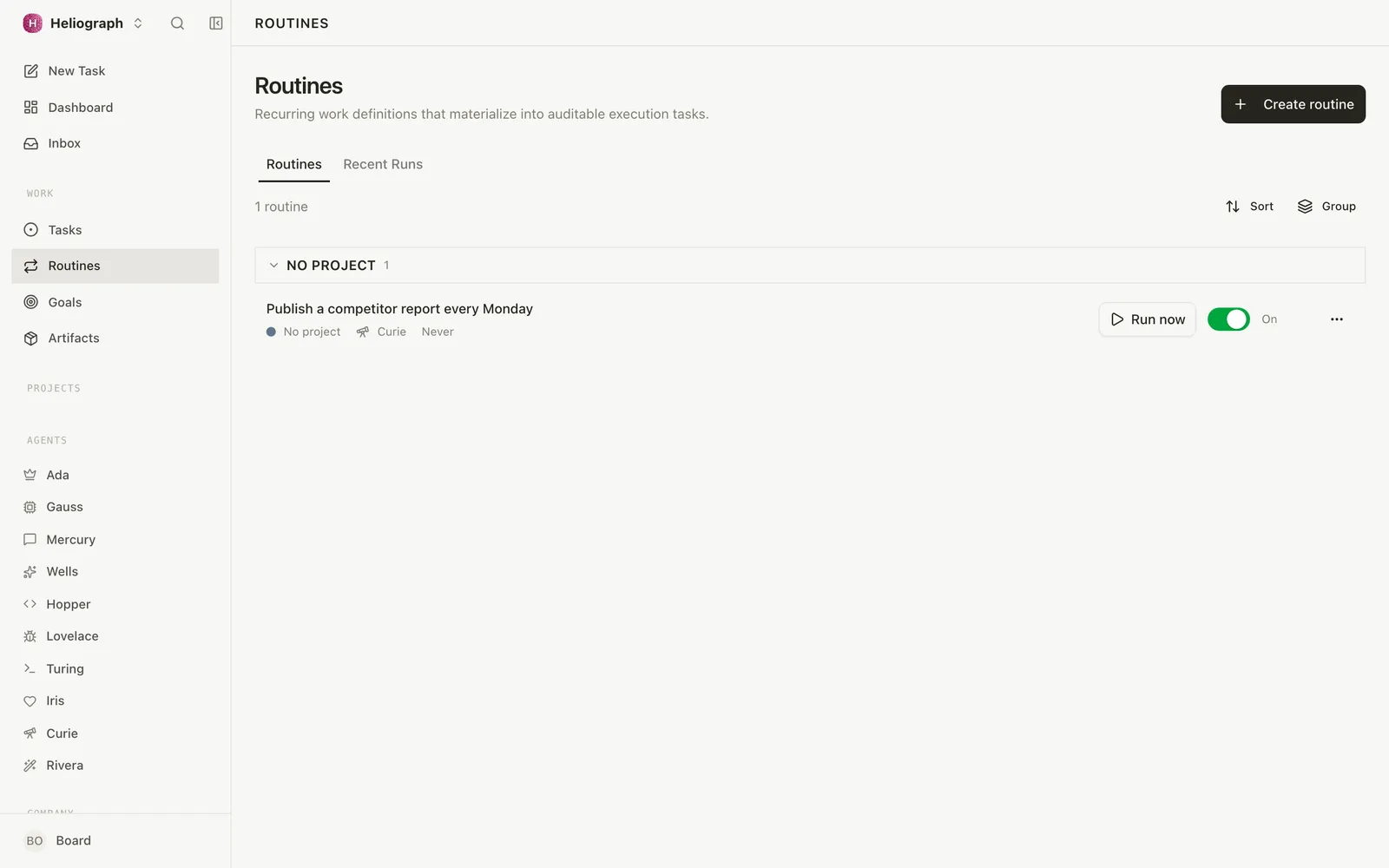 Paperclip routines view: a routine titled Publish a competitor report every Monday, assigned to a research agent