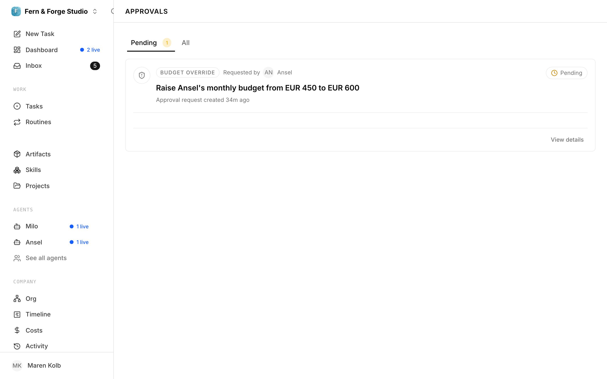 The Paperclip approvals inbox: decisions an agent has paused on, waiting to be approved or rejected.